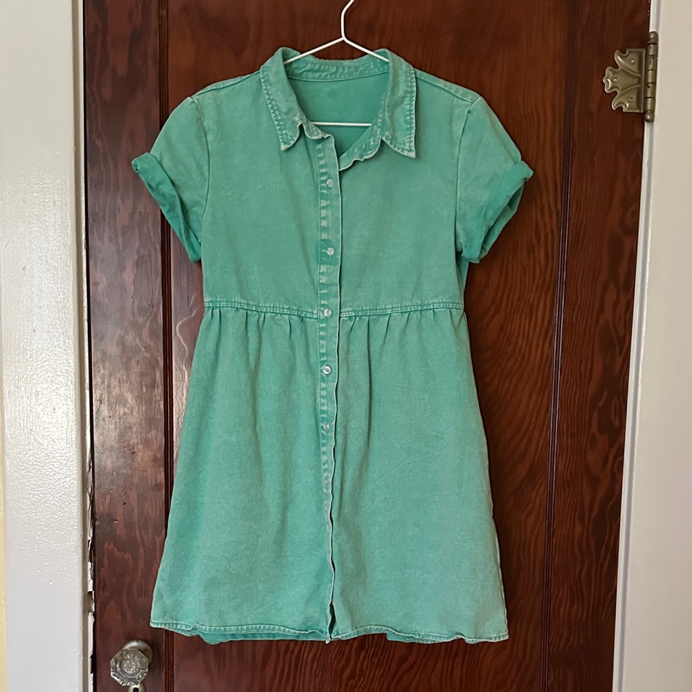 Cute Acid Washed Teal Button-Up Dress